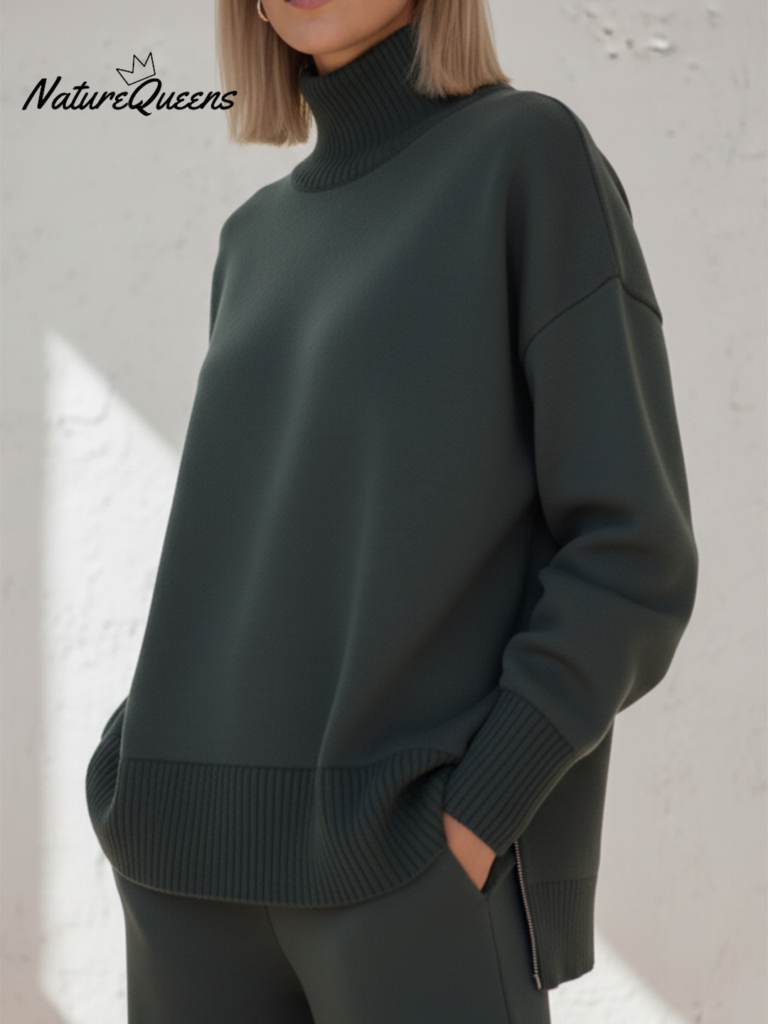 Complete two-piece set with stand-up collar and side zipper, with straight pants