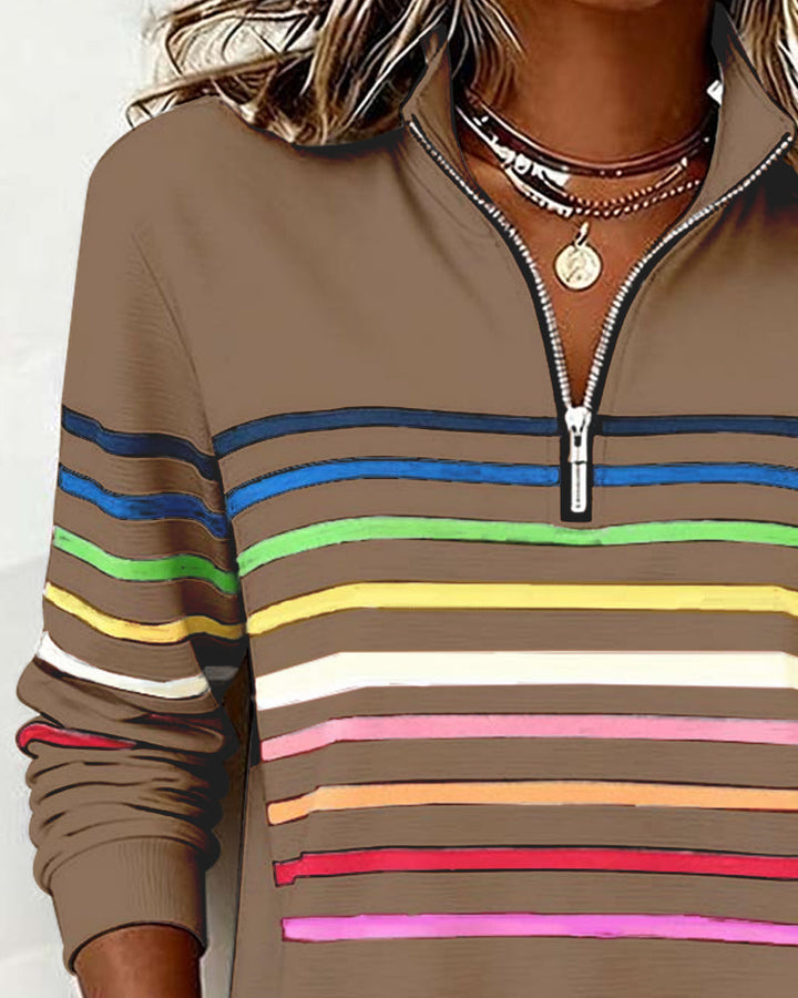 Blusa alla moda a righe arcobaleno con colletto a zip