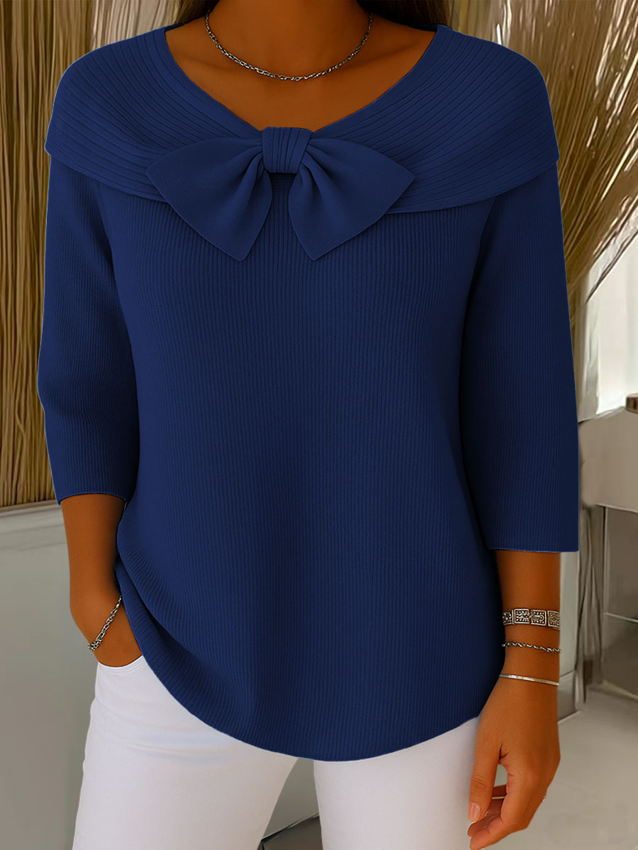 Maglione da donna in maglia a tinta unita, girocollo, maniche a 3/4, con fiocco, casual