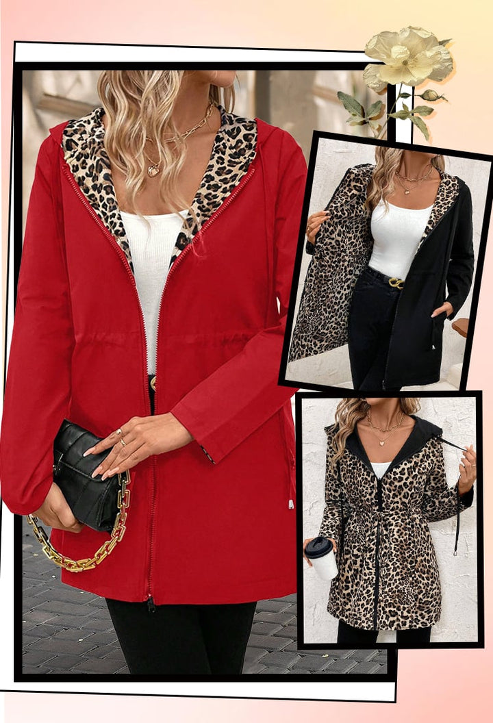 Double-sided coat with hood and leopard print