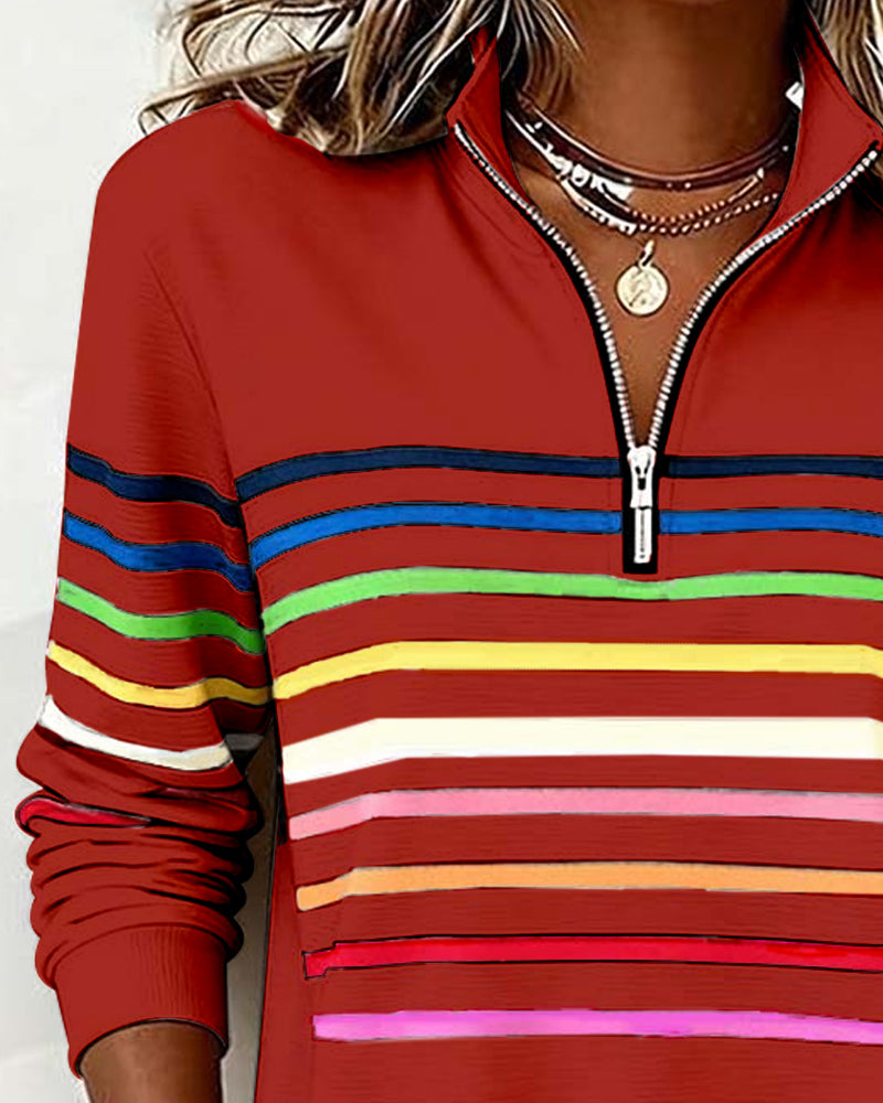 Blusa alla moda a righe arcobaleno con colletto a zip