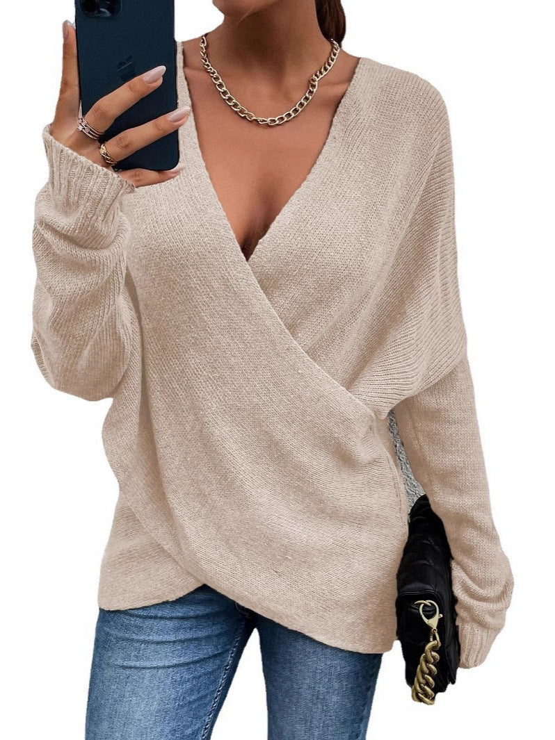 Maglione in maglia da donna, autunno/inverno, con scollo a V e maniche lunghe