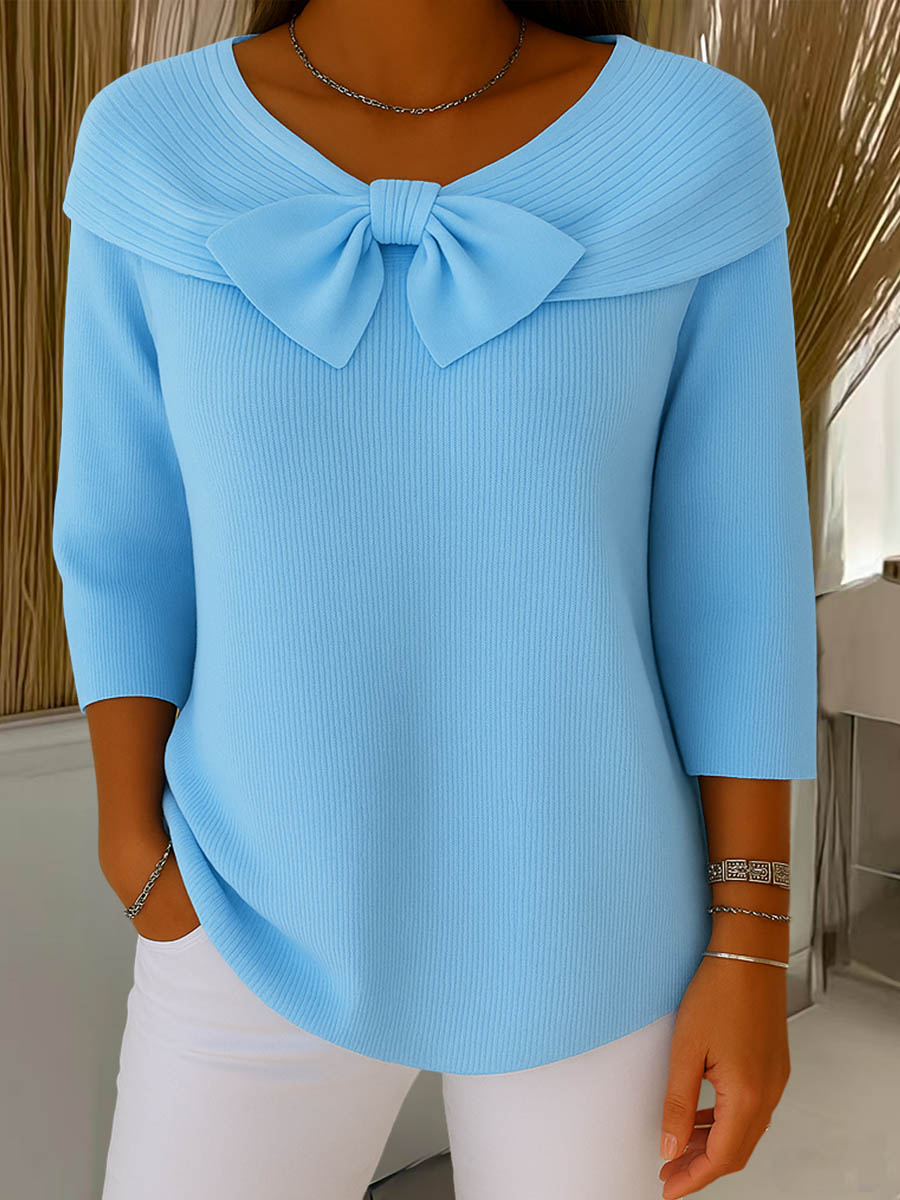 Maglione da donna in maglia a tinta unita, girocollo, maniche a 3/4, con fiocco, casual
