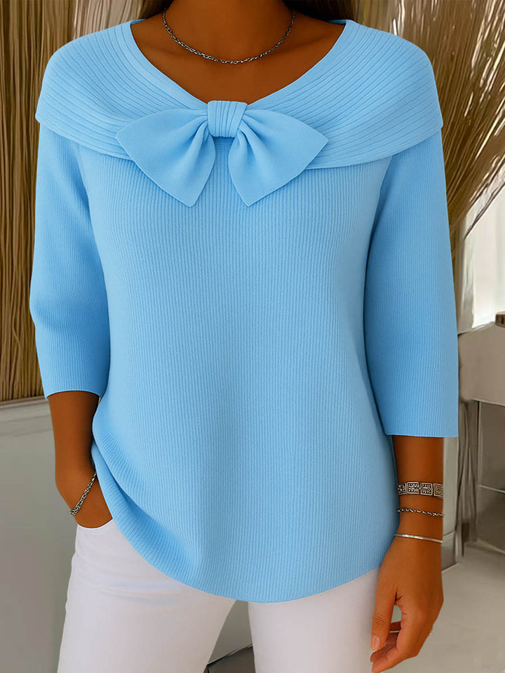 Maglione da donna in maglia a tinta unita, girocollo, maniche a 3/4, con fiocco, casual