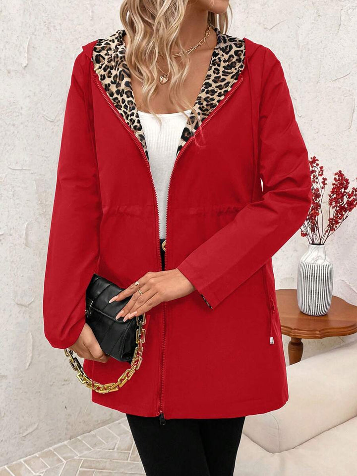 Double-sided coat with hood and leopard print
