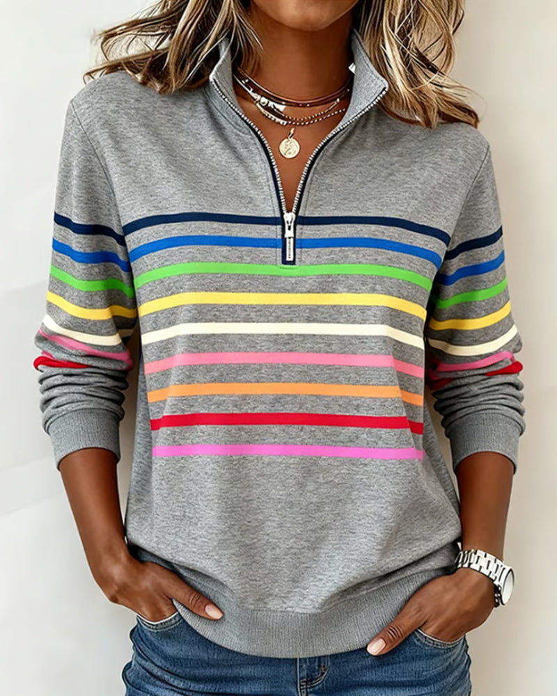 Blusa alla moda a righe arcobaleno con colletto a zip