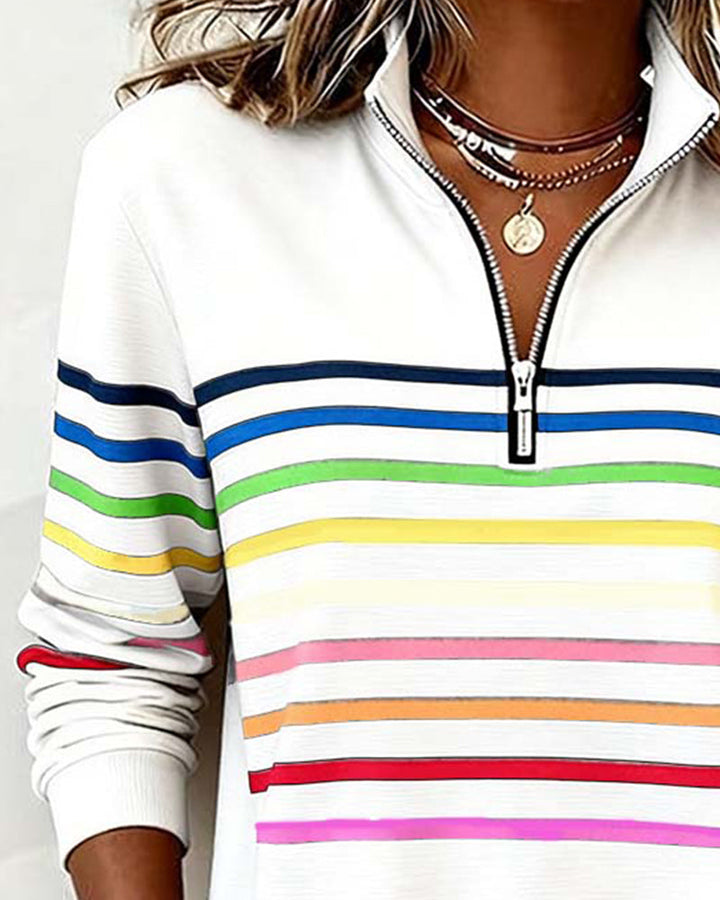 Blusa alla moda a righe arcobaleno con colletto a zip