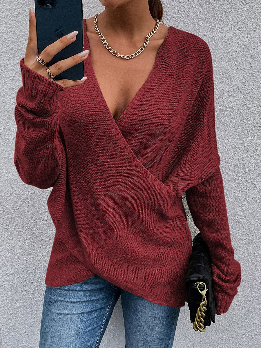 Maglione in maglia da donna, autunno/inverno, con scollo a V e maniche lunghe