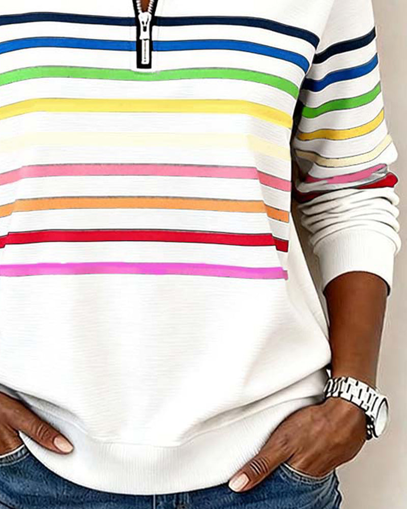 Blusa alla moda a righe arcobaleno con colletto a zip