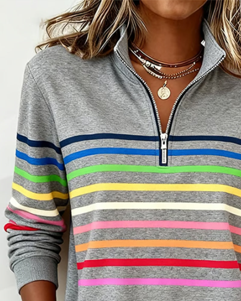 Blusa alla moda a righe arcobaleno con colletto a zip