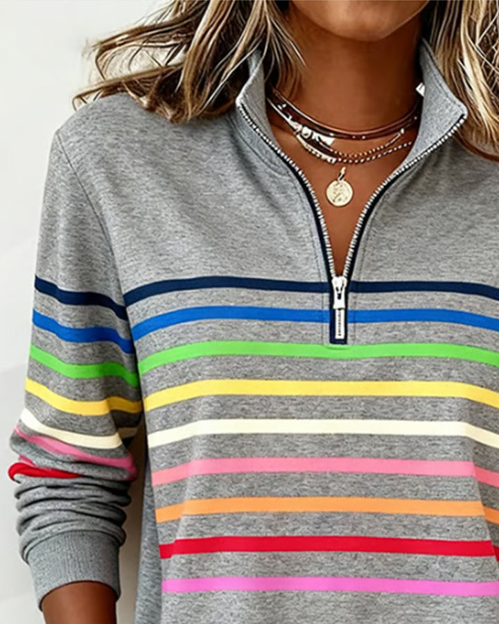 Blusa alla moda a righe arcobaleno con colletto a zip