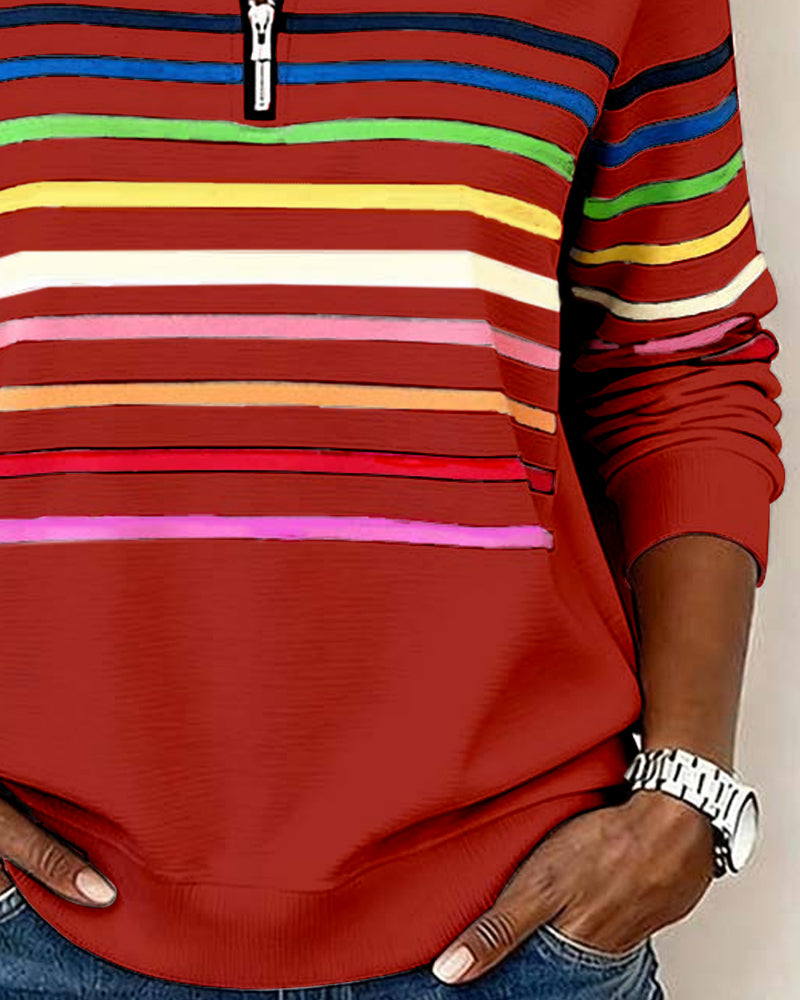 Blusa alla moda a righe arcobaleno con colletto a zip
