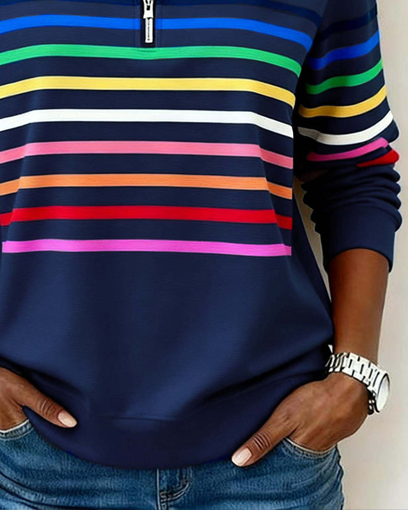 Blusa alla moda a righe arcobaleno con colletto a zip