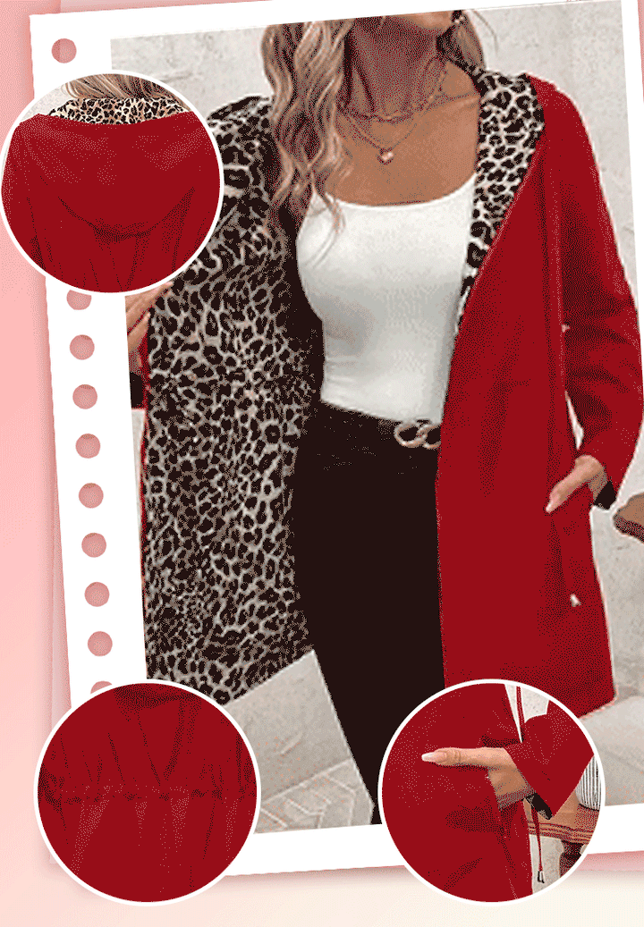 Double-sided coat with hood and leopard print