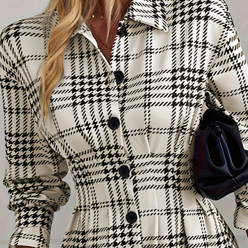 Elegante vestito camicia da donna a quadretti a trapezio