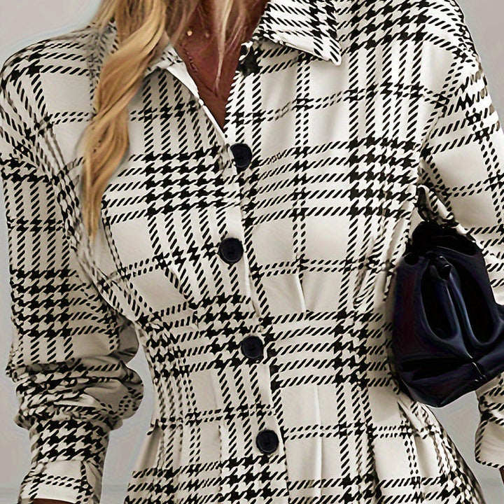 Elegante vestito camicia da donna a quadretti a trapezio