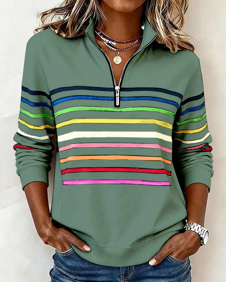 Blusa alla moda a righe arcobaleno con colletto a zip