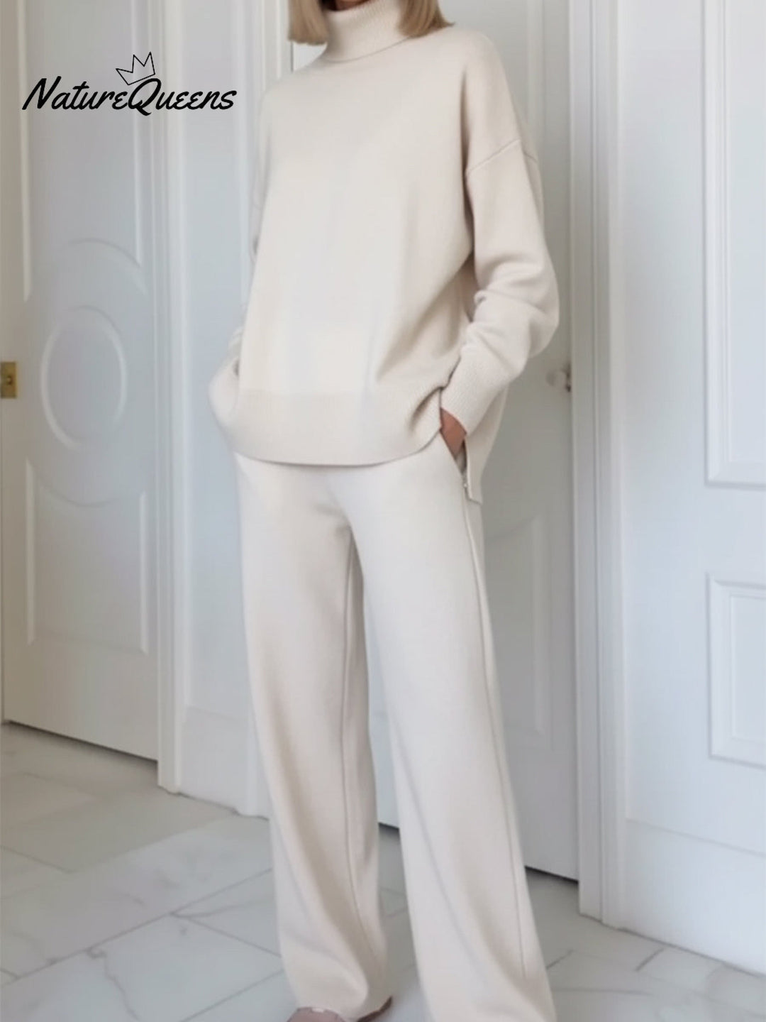 Complete two-piece set with stand-up collar and side zipper, with straight pants