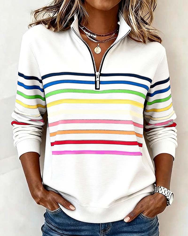 Blusa alla moda a righe arcobaleno con colletto a zip