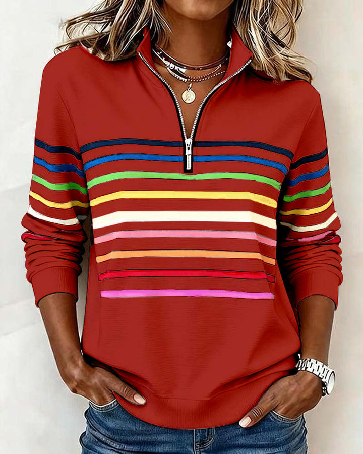 Blusa alla moda a righe arcobaleno con colletto a zip