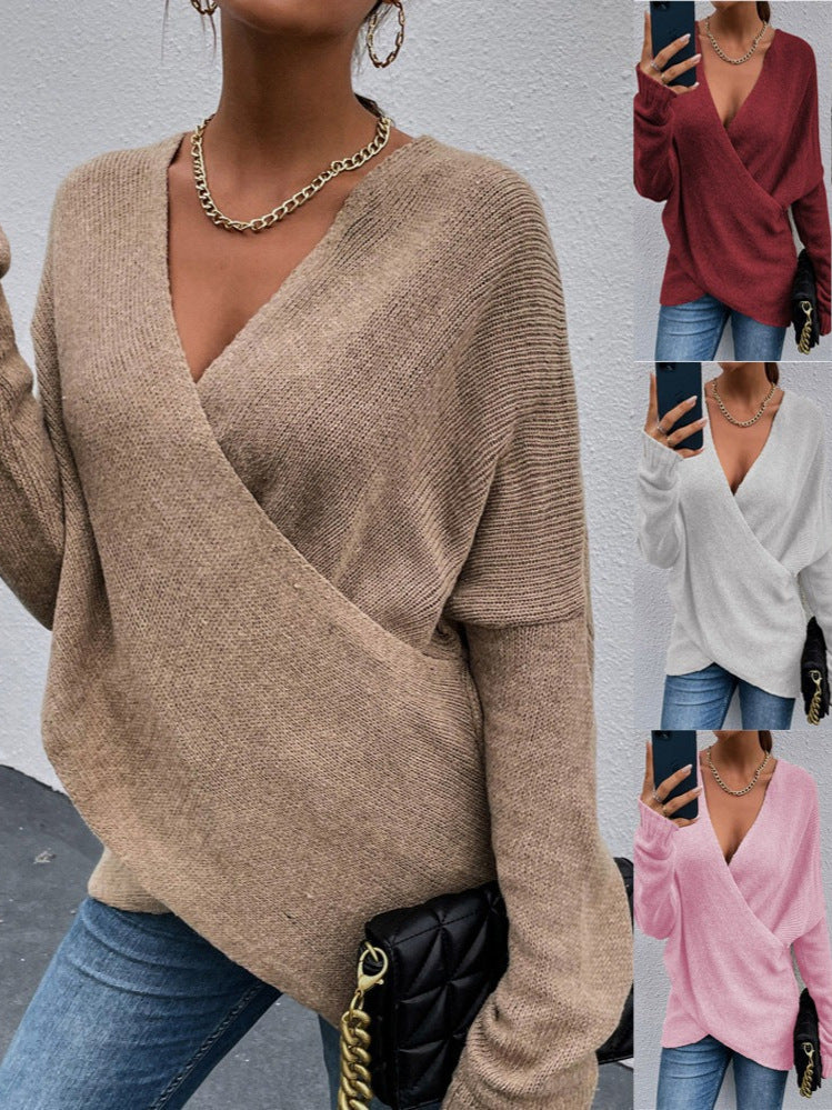 Maglione in maglia da donna, autunno/inverno, con scollo a V e maniche lunghe