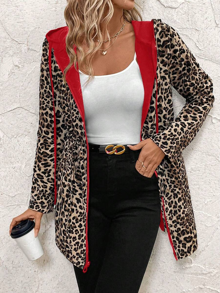 Double-sided coat with hood and leopard print