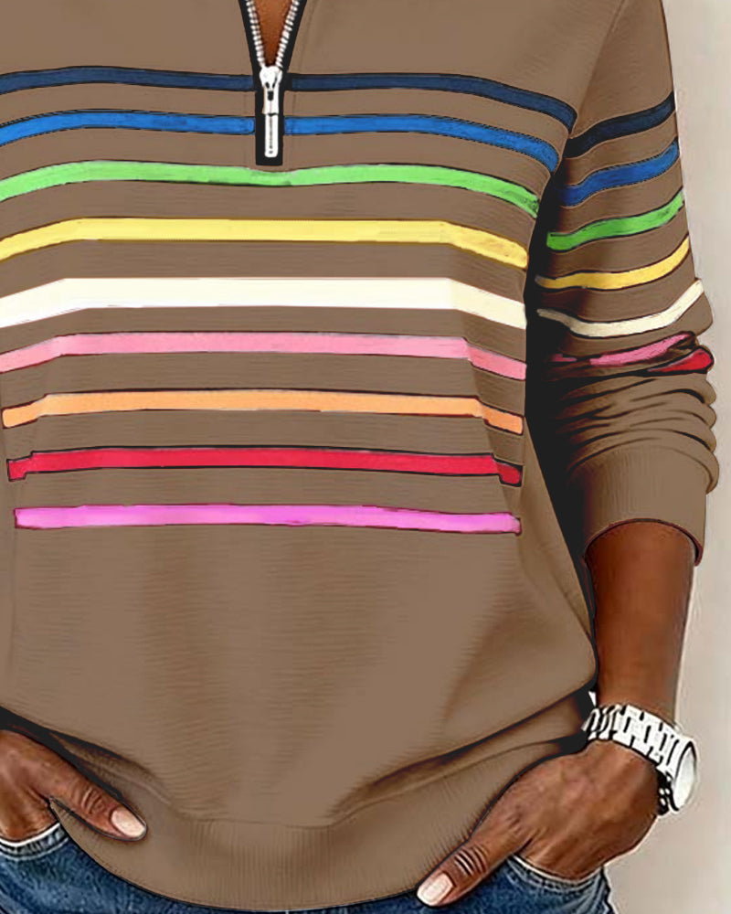 Blusa alla moda a righe arcobaleno con colletto a zip