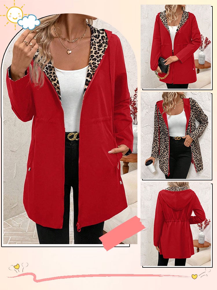 Double-sided coat with hood and leopard print