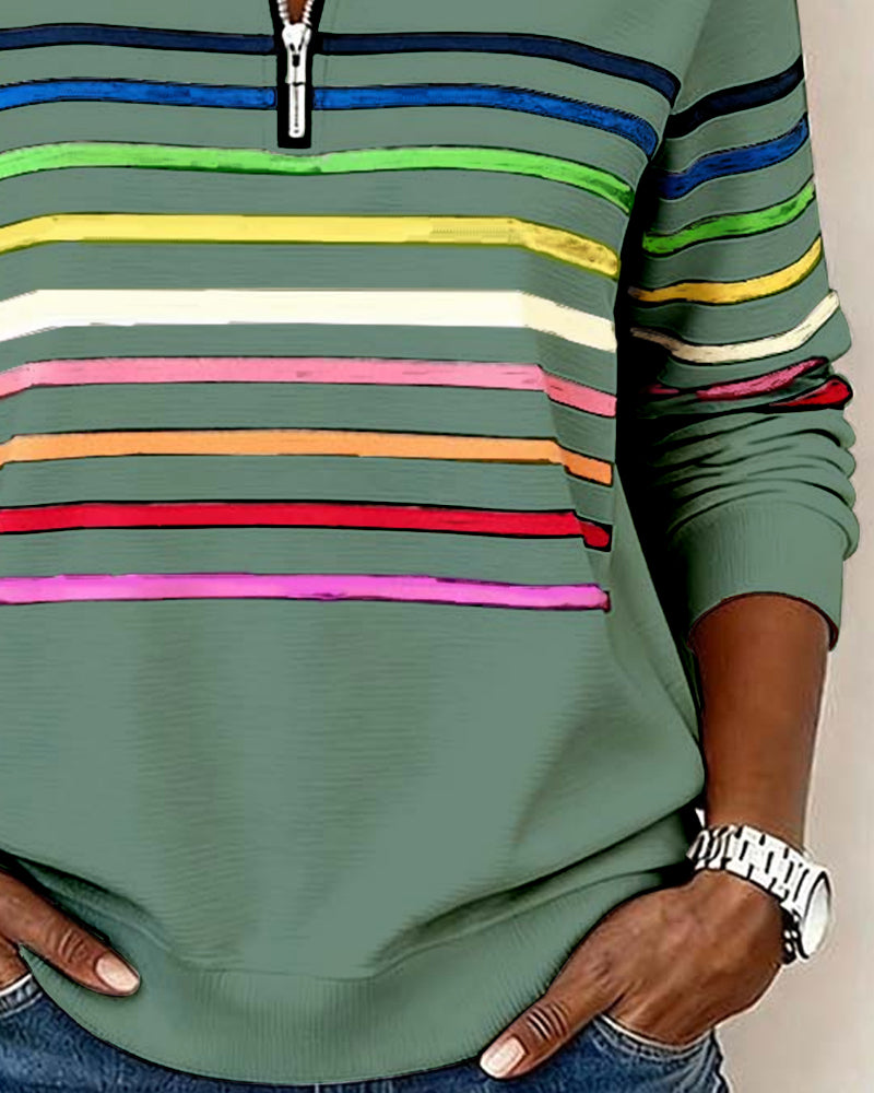 Blusa alla moda a righe arcobaleno con colletto a zip
