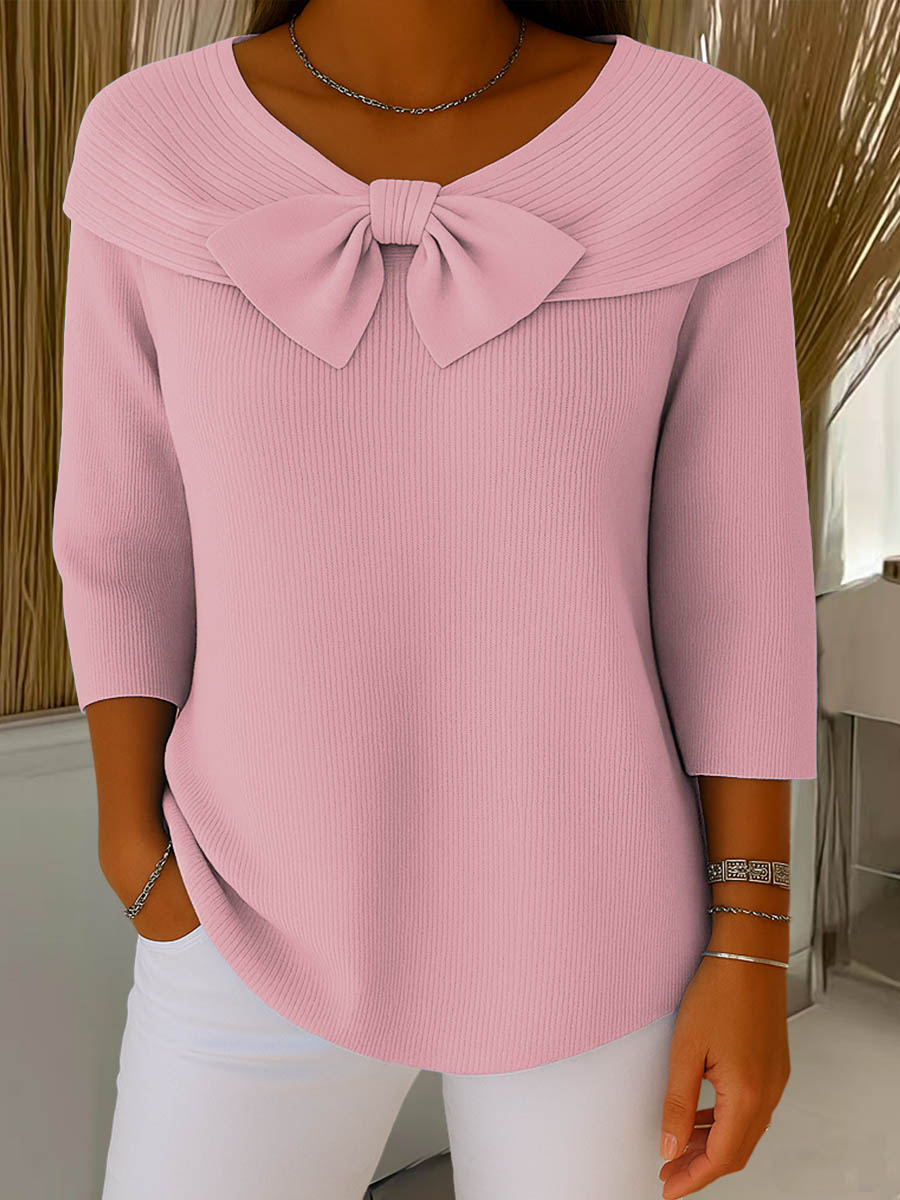 Maglione da donna in maglia a tinta unita, girocollo, maniche a 3/4, con fiocco, casual