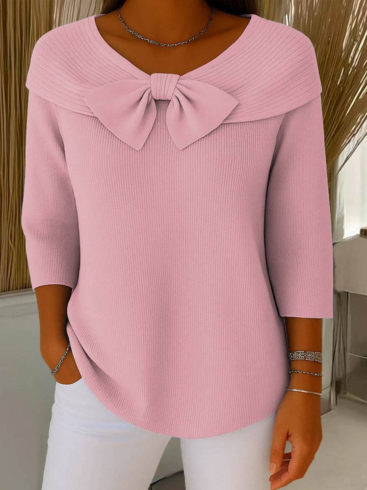 Maglione da donna in maglia a tinta unita, girocollo, maniche a 3/4, con fiocco, casual