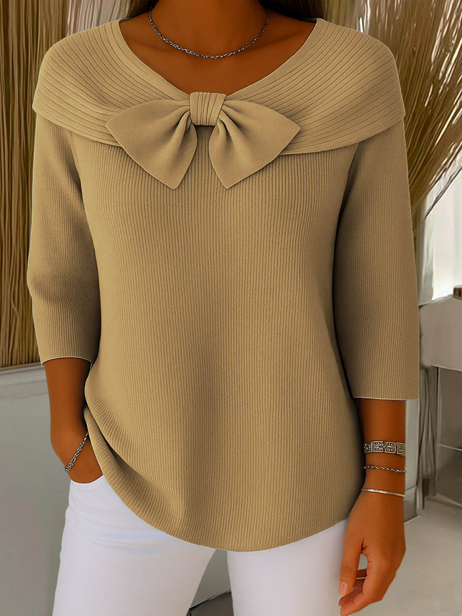 Maglione da donna in maglia a tinta unita, girocollo, maniche a 3/4, con fiocco, casual