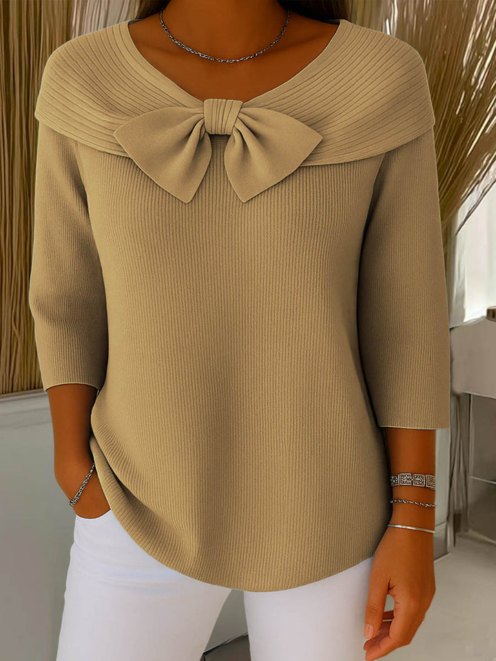 Maglione da donna in maglia a tinta unita, girocollo, maniche a 3/4, con fiocco, casual