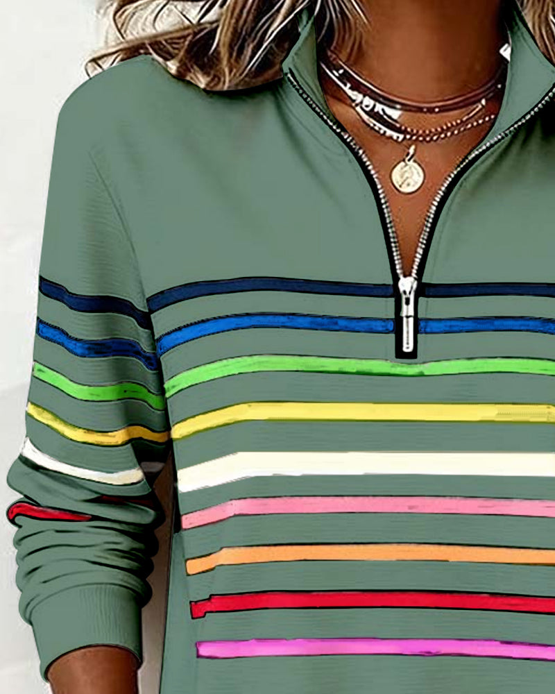 Blusa alla moda a righe arcobaleno con colletto a zip