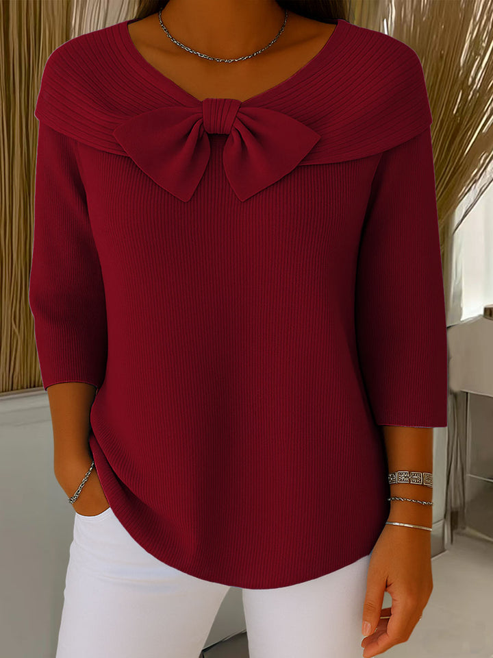 Maglione da donna in maglia a tinta unita, girocollo, maniche a 3/4, con fiocco, casual