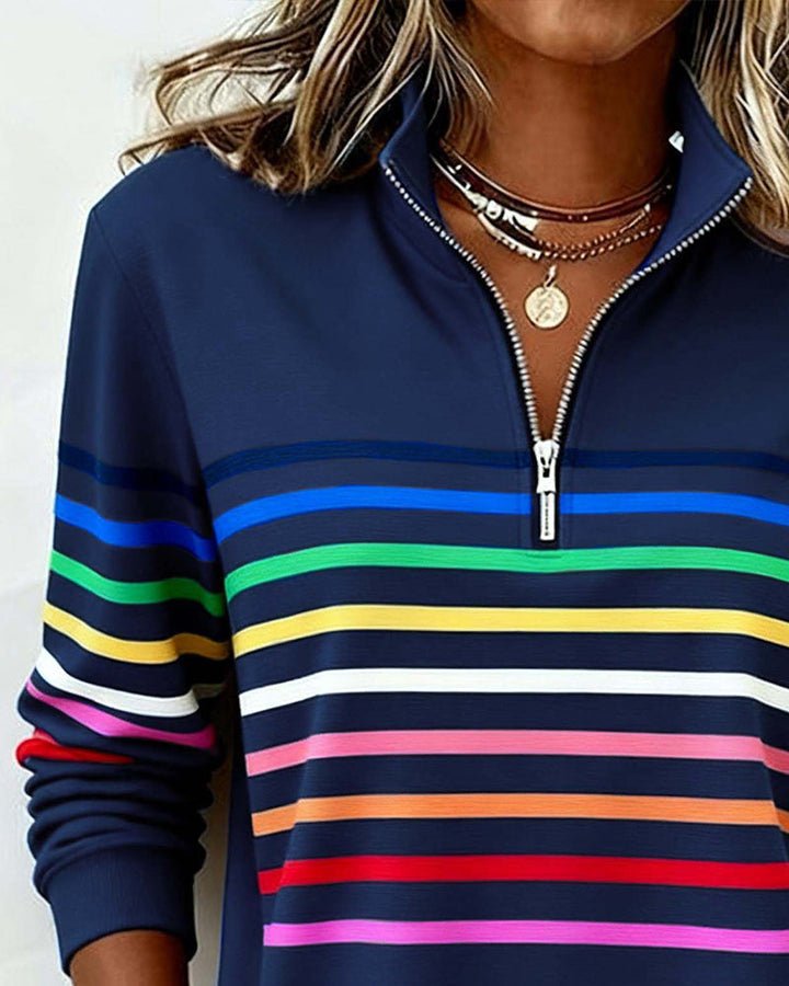 Blusa alla moda a righe arcobaleno con colletto a zip