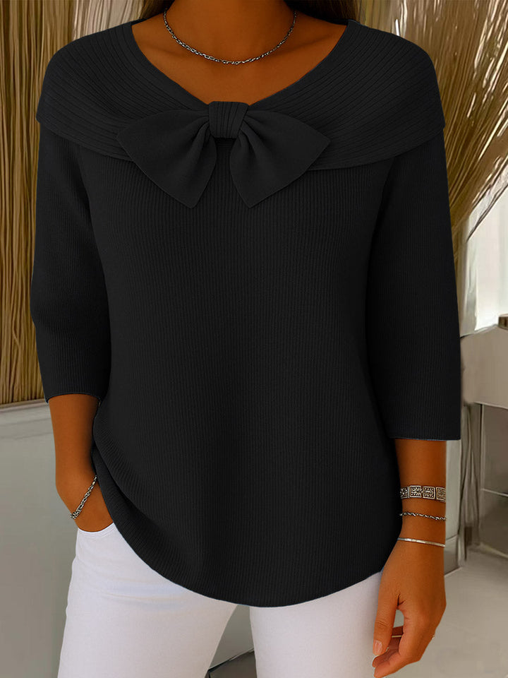 Maglione da donna in maglia a tinta unita, girocollo, maniche a 3/4, con fiocco, casual
