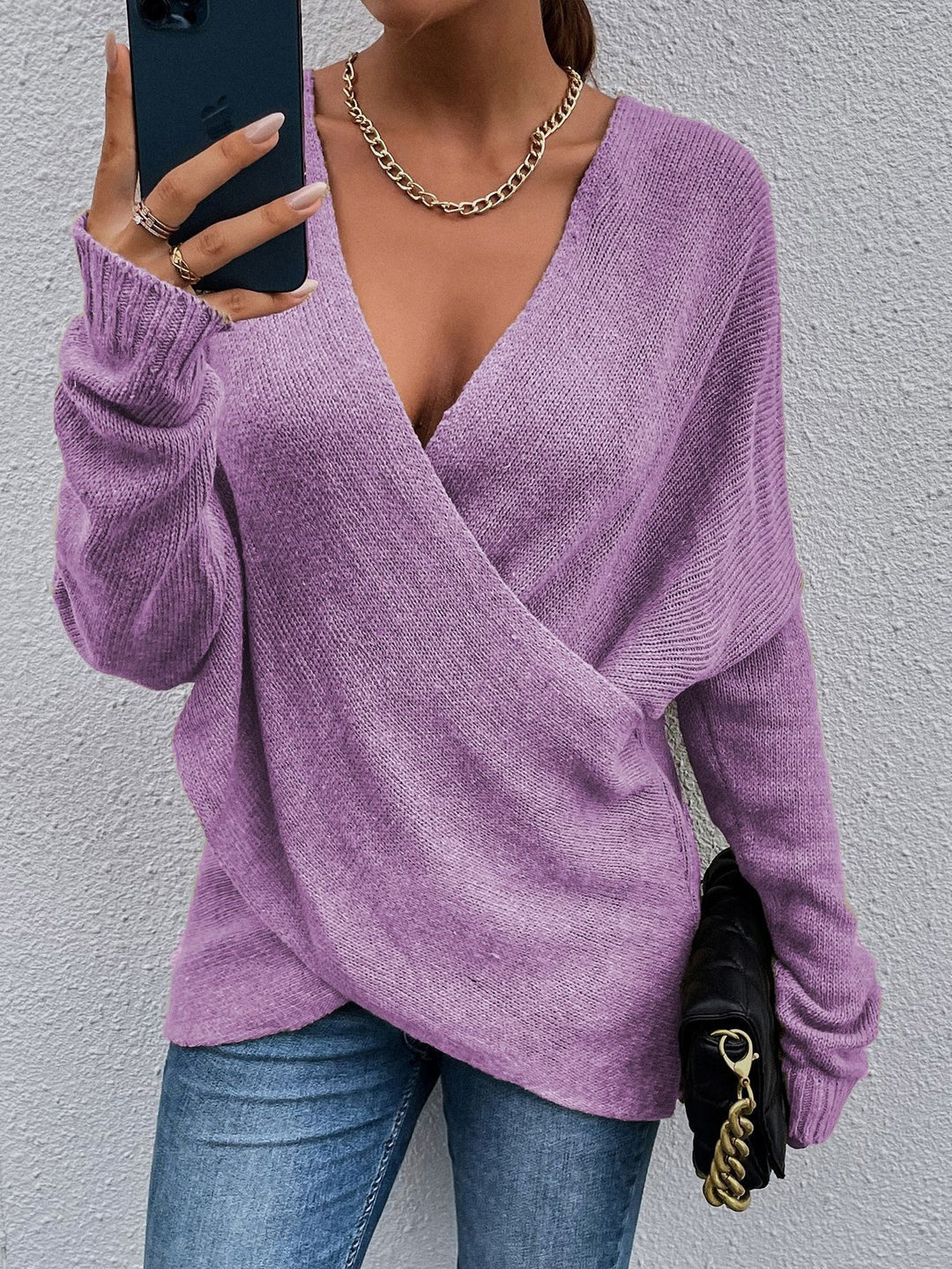 Maglione in maglia da donna, autunno/inverno, con scollo a V e maniche lunghe